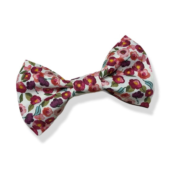 Pet Bow Tie - Large, 2 elastic strips in back for up to 1 inch collar. Pink and Berry colored flowers. Large size approx. 5.5 inches.