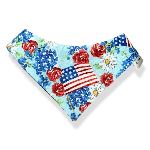 Petite Scrunchie Dog Bandana, pullover style with elastic neck. Red, White & Blue, Independence Day. Easy on and off. Handmade in USA.