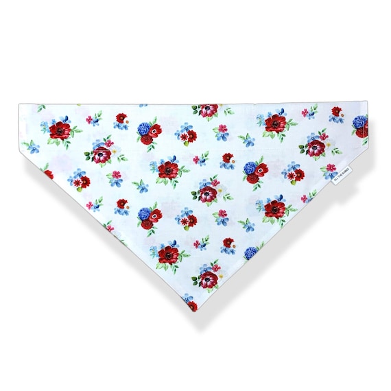 Over the collar Style Dog Bandana. Summer, Patriotic, Red and Blue Flowers on White back ground, 4th of July. Handmade in the USA