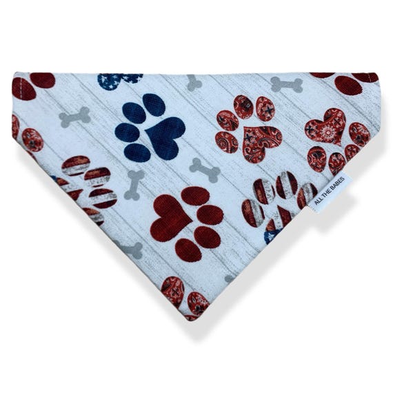 Over the collar Style Dog Bandana, Patriotic Red White and Blue Dog Bandana. Paw prints Flag Theme, 4th of July. Handmade in the USA