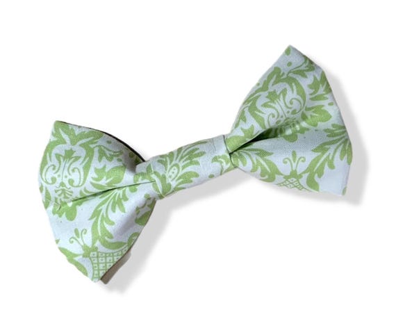 Pet Bow Tie - Large, 2 elastic strips in back for up to 1 inch collar. Green and Cream. Large size approx. 5.5 inches.