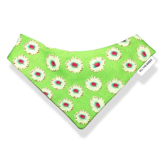 Petite Scrunchie Dog Bandana, pullover style with elastic neck. Abstract yellow flowers on a bright green background.  Handmade in the USA.