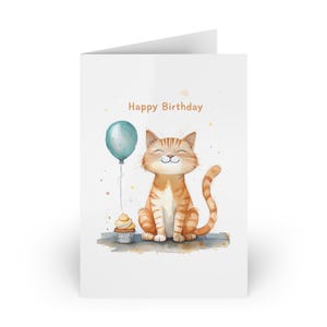 Happy Birthday Cat Greeting Cards - Cute Cat with Balloon, Pet Lover Cards, Birthday or Celebration Cards, 1 or 10-pack