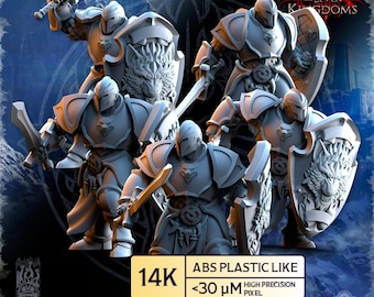 Könnte beinhalten: Eine Sammlung grauer ABS-Kunststoff-Figuren von gepanzerten Rittern, die jeweils ein Schwert und einen Schild halten. Die Schilde zeigen ein Wolfskopf-Design. Der Text "ONE SIN FOR SEVEN KINGDOMS" ist sichtbar. Der Text enthält auch 14K und <30 μM.