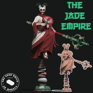 May include: A 3D model of a figure from "The Jade Empire" series. The figure is wearing a white and red robe, a fox mask, and holding a fan. The figure is standing on a stack of stones. The text "THE JADE EMPIRE" is in green.