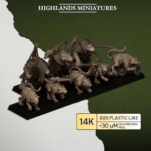 Może przedstawiać: Kolekcja miniaturowych figurek, prawdopodobnie do gier stołowych, przedstawiających stworzenia podobne do szczurów w różnych pozach. Figurki są w stonowanym brązowym kolorze i zamontowane na czarnej podstawie. U góry znajduje się tekst "HIGHLANDS MINIATURES".