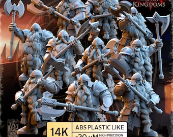 Könnte beinhalten: Eine Sammlung von Zwergenkrieger-Miniaturen, die jeweils eine Axt halten. Die Figuren sind hellgrau und mit detaillierten Rüstungen und langen Bärten versehen. Das Bild enthält den Text "ONE SIN FOR SEVEN KINGDOMS" und "14K ABS PLASTIC LIKE".