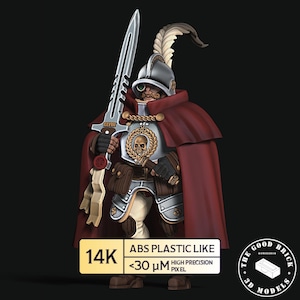 May include: A detailed 3D model of a fantasy warrior in silver armor, a red cape, and a feathered helmet, holding a large sword. The model features a skull emblem and the text "XLVII". The base includes text: "ABS Plastic Like", "14K", and "<30 μm".