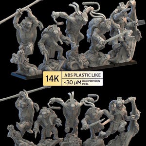 Può includere: Un gruppo di miniature grigie in pose dinamiche, probabilmente per giochi da tavolo. Le figure sono su una base nera. Il testo include "ABS PLASTIC LIKE" e "HIGH PRECISION PIXEL".
