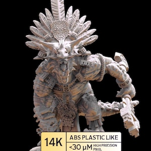 May include: A detailed, gray sculpture of a mythical creature, kneeling with a weapon. The figure wears a feathered headdress and ornate jewelry. Text on the image reads "14K", "ABS PLASTIC LIKE", and "<30 µm HIGH PRECISION PIXEL".