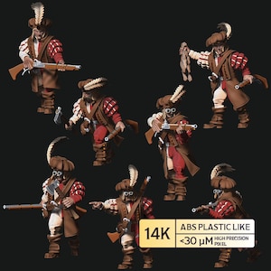 Könnte beinhalten: Miniaturfiguren historischer Soldaten in brauner, roter und weißer Kleidung, einige halten Gewehre, Äxte oder kleine Tiere. Die Figuren tragen Hüte mit Federn und Brillen. Der Text lautet "14K ABS PLASTIC LIKE <30 µm PIXEL".
