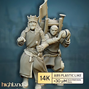 Può includere: Una miniatura dettagliata stampata in 3D di due figure medievali. Una figura indossa una corona e una cotta di maglia, con una spada. L'altra figura tiene in mano un oggetto rotondo. La base è etichettata "14K ABS PLASTIC LIKE <30 µm HIGH PRECISION PIXEL".