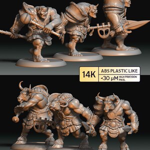May include: A collection of detailed, gray-toned miniature figurines. The top row features humanoid figures with weapons, while the bottom row depicts bull-headed warriors. The text "14K" and "ABS PLASTIC LIKE" are visible.