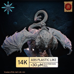 May include: A gray resin miniature of a multi-headed winged creature with a long snake tail and a rider on its back. The text 14K ABS PLASTIC LIKE <30 µM HIGH PRECISION PIXEL is displayed on a yellow and white rectangular label at the bottom.