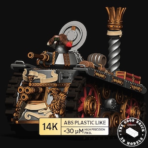 May include: A detailed model of a steampunk-style tank, with a silver and gold colour scheme and red accents. The tank has intricate mechanical details, including a drill, barrels, and decorative elements. The text "14K ABS PLASTIC LIKE" is visible.