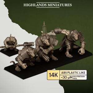 Può includere: Figurine in miniatura metalliche di creature antropomorfe simili a ratti in varie pose, alcune con armi e armature. Le figurine sono esposte su basi nere. Il testo "HIGHLANDS MINIATURES" è in alto.