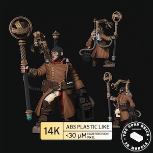 Op de afbeelding: Miniatuurfiguren van een personage in een bruine jas, met een staf met een cirkelvormige bovenkant. De figuren hebben een futuristisch ontwerp met mechanische armen en accessoires. De tekst op de afbeelding luidt "ABS Plastic Like" en "14K".