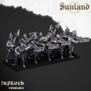 May include: A grayscale image shows a collection of miniature figures, each armed with a crossbow. The figures are dressed in historical clothing, including hats and feathered accents. The image features the text "Sunland" and "highlands miniatures".