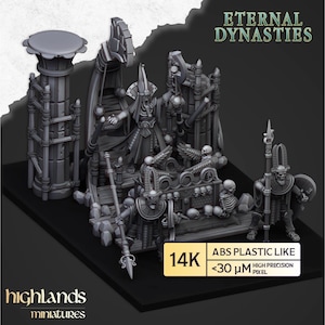Puede incluir: Colección de figuras en miniatura grises, que incluyen un trono, pilares y figuras esqueléticas. El texto "Eternal Dynasties" se muestra encima de las figuras. La base es negra y las figuras están hechas de plástico ABS.