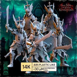 Peut inclure: Un ensemble de cinq figurines miniatures de guerriers squelettes gris, portant des armures ornées avec un casque surmonté d'une croix, armés d'une épée courbe et d'un bouclier. Une étiquette affiche 14K, ABS PLASTIC LIKE et <30 µM HIGH PRECISION PIXEL.