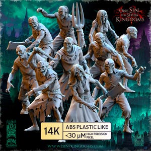 May include: A collection of gray, undead figures, some holding weapons like cleavers and pitchforks. The figures are detailed with tattered clothing and skeletal features. The image includes text that reads "ONE SIN FOR SEVEN KINGDOMS" and "14K ABS PLASTIC LIKE".