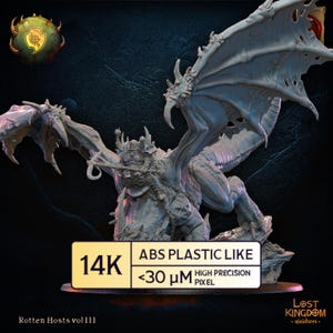 May include: A detailed, grey plastic miniature of a winged dragon with sharp claws and horns. The miniature is labelled "Rotten Hosts vol III" and includes text indicating it is ABS plastic-like with high precision. The miniature is from Lost Kingdom miniatures.