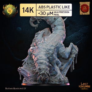 May include: A detailed, white miniature of a monstrous creature with multiple limbs, spikes, and a textured, bulbous body. The base reads "Rotten Hosts vol IV" and the text "ABS PLASTIC LIKE" and "<30 μM HIGH PRECISION PIXEL" is visible.