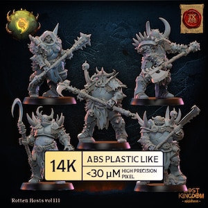 May include: Five grey miniature warrior figures, each holding a weapon. The figures are on black bases. The image includes text: "ABS PLASTIC LIKE", "14K", "<30 μM", and "HIGH PRECISION PIXEL". The text "Rotten Hosts vol III" is also visible.