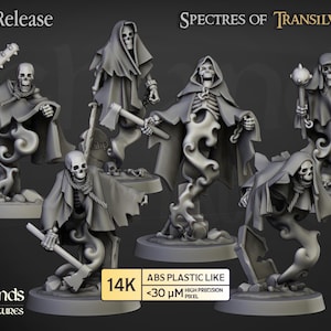 May include: A collection of gray miniature figures of skeletal figures in cloaks, holding weapons and standing on round bases. The text "June Release" and "Spectres of Transilvanya" are visible. The figures are labeled as "ABS Plastic Like" and "14K".
