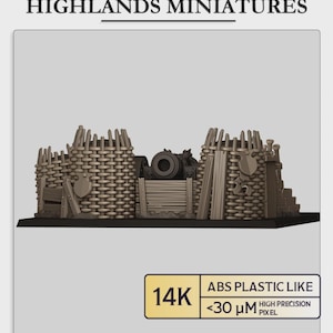 May include: A miniature fort model with a cannon, crafted from light brown materials. The fort includes woven walls, wooden elements, and a central cannon. The text "HIGHLANDS MINIATURES" is at the top. The model is made of ABS plastic.