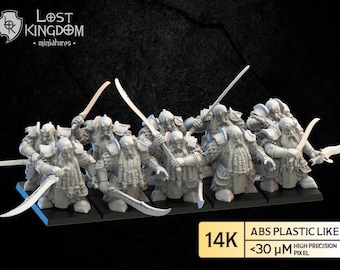 Könnte beinhalten: Eine Gruppe grauer Zwergenkrieger-Miniaturen mit Schwertern. Die Figuren sind detailliert mit Rüstungen und Bärten dargestellt. Der Sockel ist schwarz, mit dem Text "LOST KINGDOM miniatures".