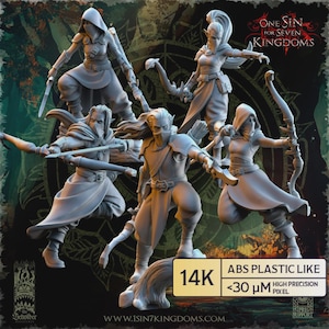 Peut inclure: Plusieurs figurines de fantaisie grises, dont des archers et des guerriers, sont représentées dans des poses dynamiques. Les figurines proviennent de la collection "One Sin for Seven Kingdoms", avec des indications de matériau ABS et de haute précision.