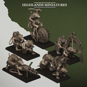 Puede incluir: Colección de figuras en miniatura con personajes de ratas antropomórficas en varias poses de acción. Uno monta un vehículo en forma de rueda, otros empuñan armas y herramientas. El texto "HIGHLANDS MINIATURES" está en la parte superior.