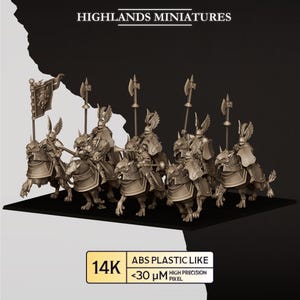 Puede incluir: Un conjunto de seis figuras en miniatura sin pintar de caballeros montados en criaturas aladas, cada una con un arma de asta o estandarte. El texto HIGHLANDS MINIATURES aparece arriba y una etiqueta abajo dice 14K ABS PLASTIC LIKE <30 µM HIGH PRECISION PIXEL.