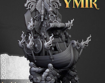 May include: A detailed gray miniature sculpture of a Viking longship being carried by three figures. The ship features dragon figureheads, shields, and flames. The text "SONS OF YMIR" and "JUNE RELEASE" are visible.