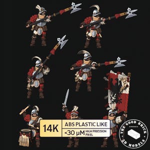 Puede incluir: Figuras en miniatura de soldados medievales con armadura, sosteniendo alabardas, espadas y una bandera. Las figuras están en varias poses, con detalles como cascos y ropa roja y marrón. La imagen incluye el texto "14K ABS PLASTIC LIKE <30 μM HIGH PRECISION PIXEL".