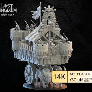 May include: A detailed miniature model of a medieval siege tower on wheels, pulled by two horned creatures. The model features turrets, a bell tower, and figures of soldiers. The text "LOST KINGDOM miniatures" is visible. The model is made of ABS plastic.