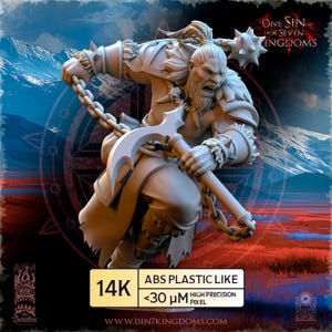 Peut inclure: Figurine détaillée d'un guerrier tenant une chaîne et une lame incurvée. La figurine est dans une pose dynamique, avec une expression féroce. Le texte "ONE SIN FOR SEVEN KINGDOMS" est visible. La base de la figurine a le texte "14K ABS PLASTIC LIKE <30 μM HIGH PRECISION PIXEL".