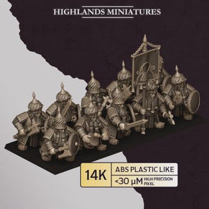 May include: A collection of miniature warrior figurines, featuring detailed helmets, weapons, and shields. The figurines are arranged on a dark surface. The text "HIGHLANDS MINIATURES" is at the top. The text "14K" and "ABS PLASTIC LIKE" are at the bottom.