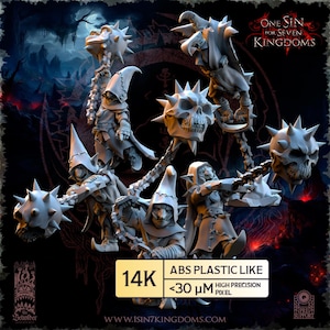 May include: A group of grey fantasy figurines, featuring characters with pointed hats and spiked weapons. The figures are arranged in a dynamic pose, with the text "ONE SIN FOR SEVEN KINGDOMS" visible. The image also includes text indicating the material and resolution of the figurines.