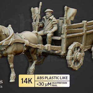 Könnte beinhalten: Detaillierte Miniatur eines Pferdegespanns mit einer sitzenden Figur. Der Wagen besteht aus holzähnlichem Material, und das Pferd ist angespannt. Die Figur trägt einen Hut und einen Mantel. Der Text enthält "14K" und "ABS PLASTIC LIKE".