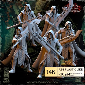 Peut inclure: Plusieurs figurines fantastiques grises représentant des personnages vêtus de robes à capuchon et armés de grandes armes courbes. Les figurines sont dans des poses dynamiques. Le texte "14K" et "ABS PLASTIC LIKE" est visible.