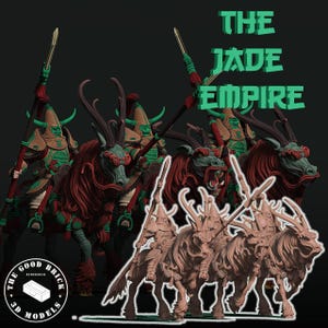 Könnte beinhalten: Detaillierte 3D-Modelle von Kriegern, die auf mythischen Kreaturen reiten. Die Modelle sind in Braun-, Rot- und Grüntönen gehalten und tragen Speere und eine verzierte Rüstung. Der Text "THE JADE EMPIRE" ist grün dargestellt.