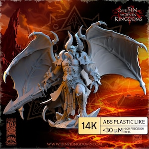 May include: A detailed, gray figurine of a winged demon holding a sword. The figure has horns, armor, and intricate detailing. The text "ONE SIN FOR SEVEN KINGDOMS" is visible. The base has the text "14K ABS PLASTIC LIKE <30 μM HIGH PRECISION PIXEL".