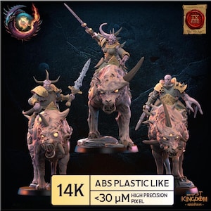 Peut inclure: Figurines miniatures de guerriers fantastiques montés sur des bêtes monstrueuses. Les figurines sont grises, beiges et dorées, avec des épées et des casques à cornes. Le texte indique "ABS PLASTIC LIKE" et "<30 μM HIGH PRECISION PIXEL."