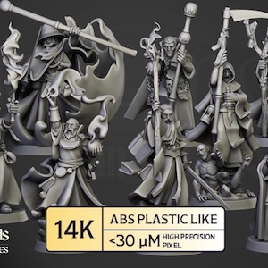 May include: A collection of grey miniature fantasy figures, including wizards and grim reapers, holding staffs and weapons. The figures are made of ABS plastic and are high-precision pixel models. The image includes the text "14K" and "<30 μm".