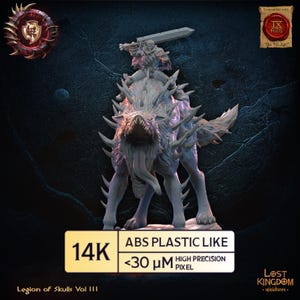 Op de afbeelding: Gedetailleerde miniatuurfiguur van een krijger die op een monsterlijk beest rijdt, met een groot zwaard. De figuur is lichtgrijs, met scherpe details. De basis heeft de tekst "Legion of Skulls Vol III". De tekst "ABS Plastic Like" en "<30 μM High Precision Pixel" is ook aanwezig.