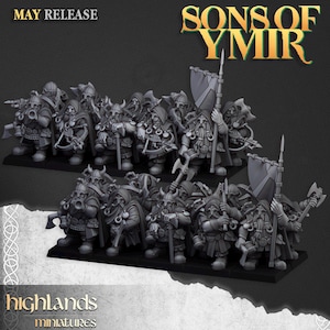 May include: A collection of miniature fantasy figures, likely for tabletop gaming. The figures are dwarves, armed with axes, crossbows, and banners. The text "SONS OF YMIR" and "MAY RELEASE" are visible. The miniatures are from "highlands miniatures".