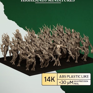 Könnte beinhalten: Eine Sammlung von Miniatur-Fantasy-Figuren, darunter skelettartige und humanoide baumartige Kreaturen. Die Figuren sind in einer neutralen Farbe gehalten und auf einer schwarzen Basis angeordnet. Der Text "HIGHLANDS MINIATURES" befindet sich oben. Das Bild enthält auch Text, der das Material und die Pixelauflösung angibt.