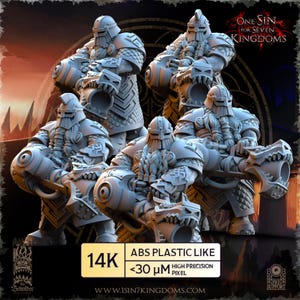 May include: Several grey dwarf figurines with detailed armour and weaponry. The figures are in various poses, with the text "ONE SIN FOR SEVEN KINGDOMS" and "14K ABS PLASTIC LIKE" visible. The image also includes a website address.